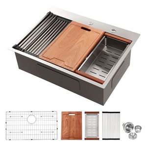 RAINLEX Drop-in 33 L x 22-in W Brushed Nickel Single Bowl Stainless Steel Kitchen Sink w/ Workstation