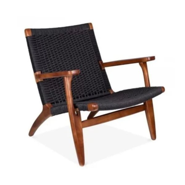 Plata Import Black Woven Rattan and Walnut Lounge Chair