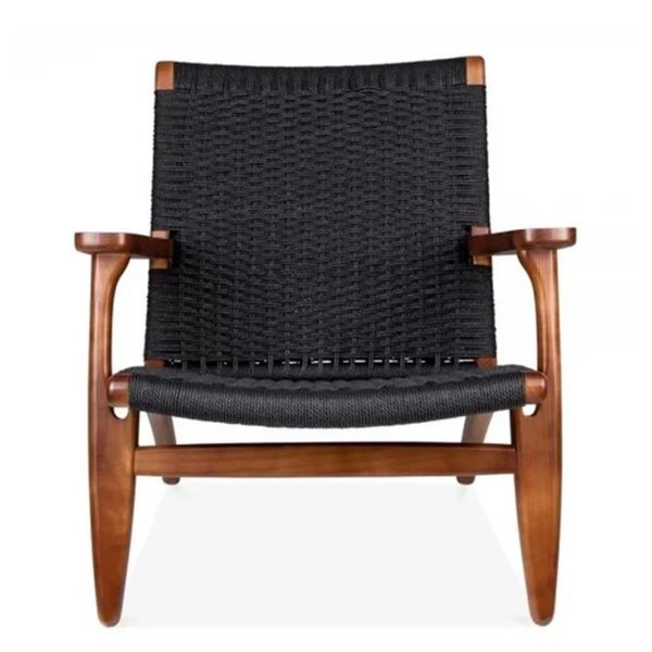 Plata Import Black Woven Rattan and Walnut Lounge Chair