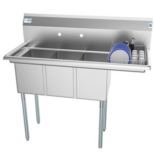 Koolmore 45 L x 20-in W Stainless Steel Freestanding 3-Bowl Commercial Kitchen Sink w/ Right Drainboard