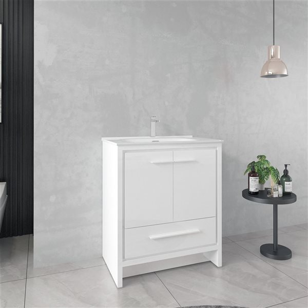 GEF Abbey 30-in W Matte White Single Bathroom Vanity w/ Ceramic Top and Chrome Handles
