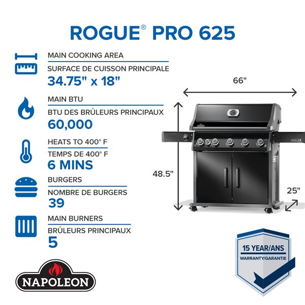 Napoleon Rogue PRO 625 Black 5-Burner Natural Gas Grill w/ Infrared Side Burner