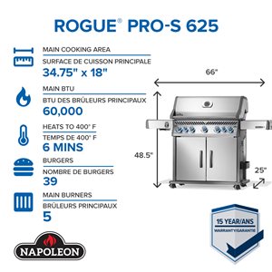 Barbecue à 5 brûleurs Rogue PRO-S 625 Napoleon au propane, acier inoxydable avec brûleurs latéral et arrière infrarouges