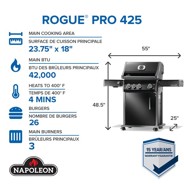 Barbecue à 3 brûleurs Rogue PRO 425 de Napoleon au propane, noir, brûleur latéral infrarouge et grilles de cuisson en fonte