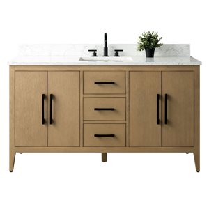 Meuble-lavabo simple Vanity Art 60 l. x 19 p. x 34 po h. dessus marbre synthétique/poignée noir mat, chêne naturel