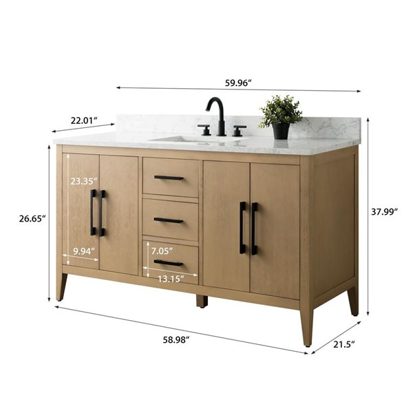 Vanity Art 60-in W Single Sink Bathroom Vanity w/ Engineered Marble Top and Matte Black Handle - Natural Oak