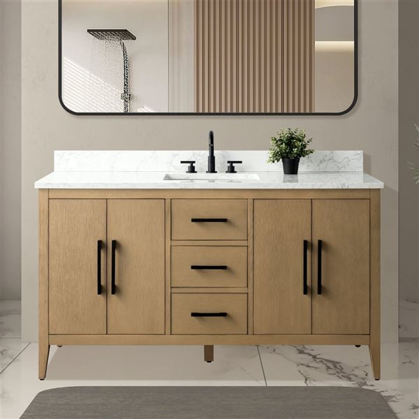 Vanity Art 60-in W Single Sink Bathroom Vanity w/ Engineered Marble Top and Matte Black Handle - Natural Oak