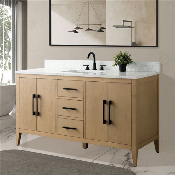 Vanity Art 60-in W Single Sink Bathroom Vanity w/ Engineered Marble Top and Matte Black Handle - Natural Oak
