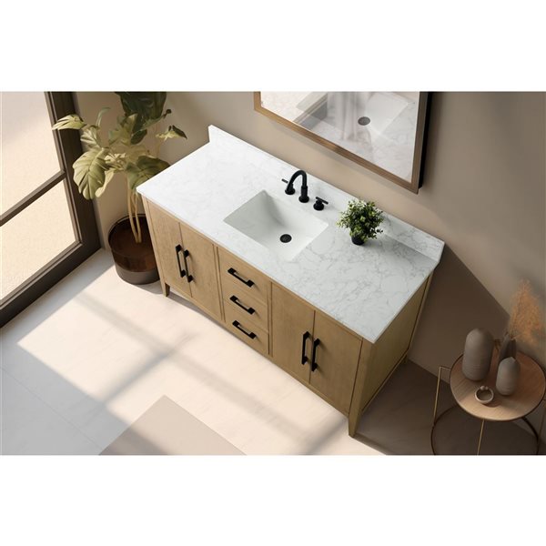 Vanity Art 60-in W Single Sink Bathroom Vanity w/ Engineered Marble Top and Matte Black Handle - Natural Oak