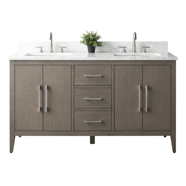 Vanity Art 60-in W Double Sink Bathroom Vanity w/Engineered Marble Top and Brushed Nickel Handle - Dark Grey