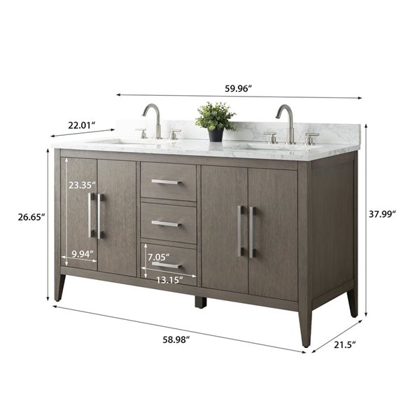 Vanity Art 60-in W Double Sink Bathroom Vanity w/Engineered Marble Top and Brushed Nickel Handle - Dark Grey