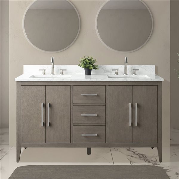 Vanity Art 60-in W Double Sink Bathroom Vanity w/Engineered Marble Top and Brushed Nickel Handle - Dark Grey