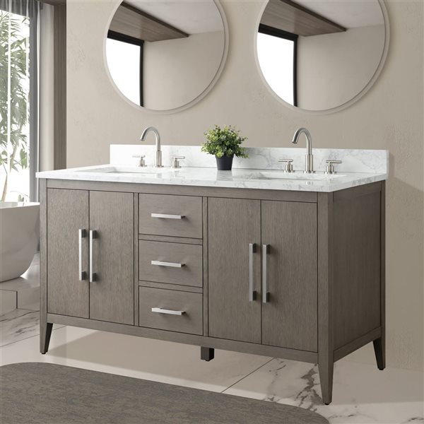 Vanity Art 60-in W Double Sink Bathroom Vanity w/Engineered Marble Top and Brushed Nickel Handle - Dark Grey
