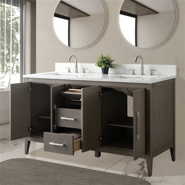 Vanity Art 60-in W Double Sink Bathroom Vanity w/Engineered Marble Top and Brushed Nickel Handle - Dark Grey