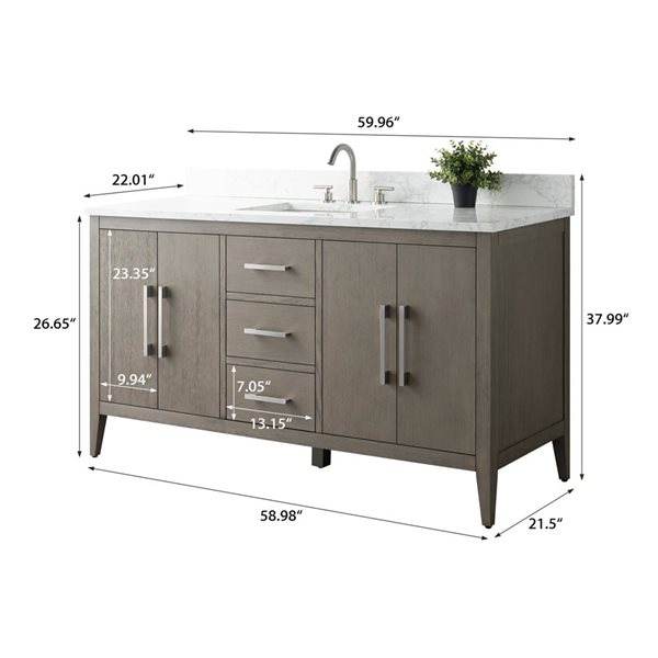 Vanity Art 60-in W Single Sink Bathroom Vanity w/ Engineered Marble Top and Brushed Nickel Handle - Dark Grey