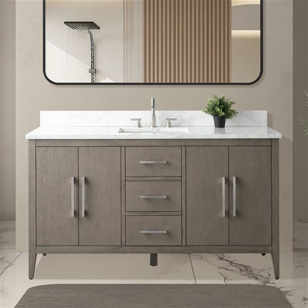 Vanity Art 60-in W Single Sink Bathroom Vanity w/ Engineered Marble Top and Brushed Nickel Handle - Dark Grey