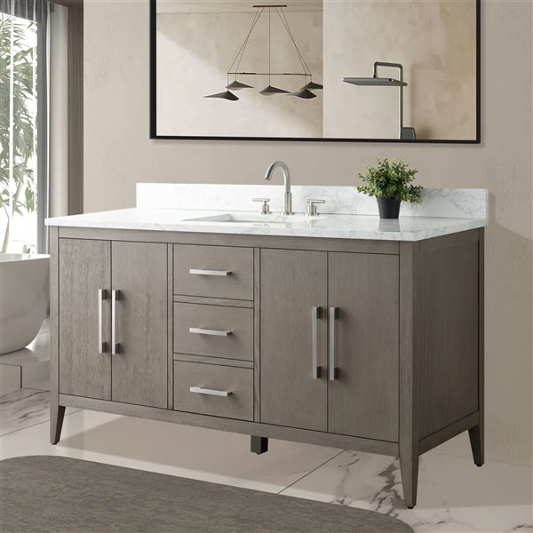 Vanity Art 60-in W Single Sink Bathroom Vanity w/ Engineered Marble Top and Brushed Nickel Handle - Dark Grey