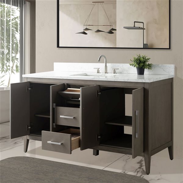 Vanity Art 60-in W Single Sink Bathroom Vanity w/ Engineered Marble Top and Brushed Nickel Handle - Dark Grey