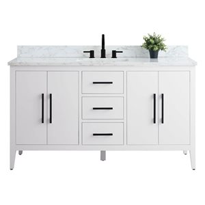 Meuble-lavabo simple Vanity Art 60 l. x 19 p. x 34 po h. dessus marbre synthétique/poignée noir mat, blanc