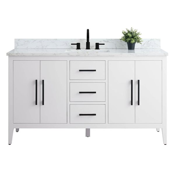 60-In W Single Sink Bathroom Vanity W/ Engineered Marble Top And Matte Black Handle - White, White/Black/Red