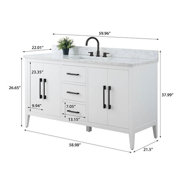 Vanity Art 60-in W Single Sink Bathroom Vanity w/ Engineered Marble Top and Matte Black Handle - White