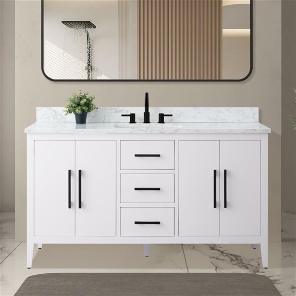 Vanity Art 60-in W Single Sink Bathroom Vanity w/ Engineered Marble Top and Matte Black Handle - White