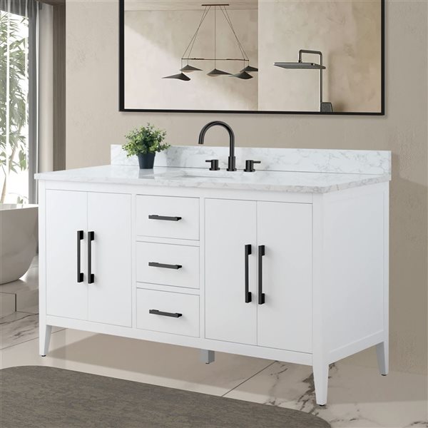 Vanity Art 60-in W Single Sink Bathroom Vanity w/ Engineered Marble Top and Matte Black Handle - White