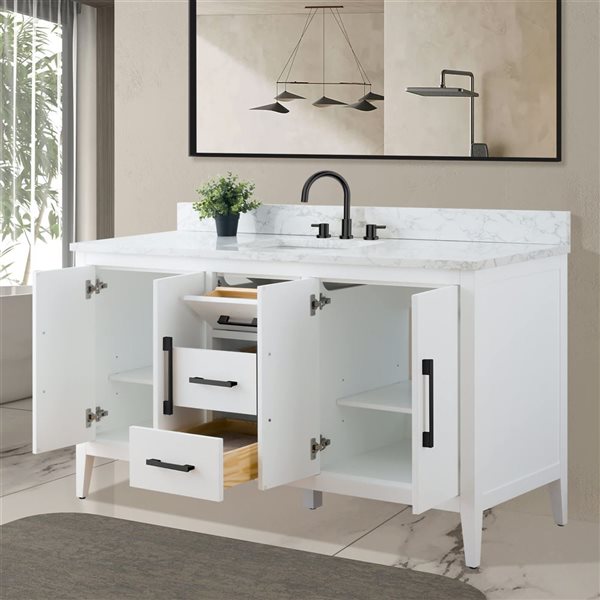 Vanity Art 60-in W Single Sink Bathroom Vanity w/ Engineered Marble Top and Matte Black Handle - White