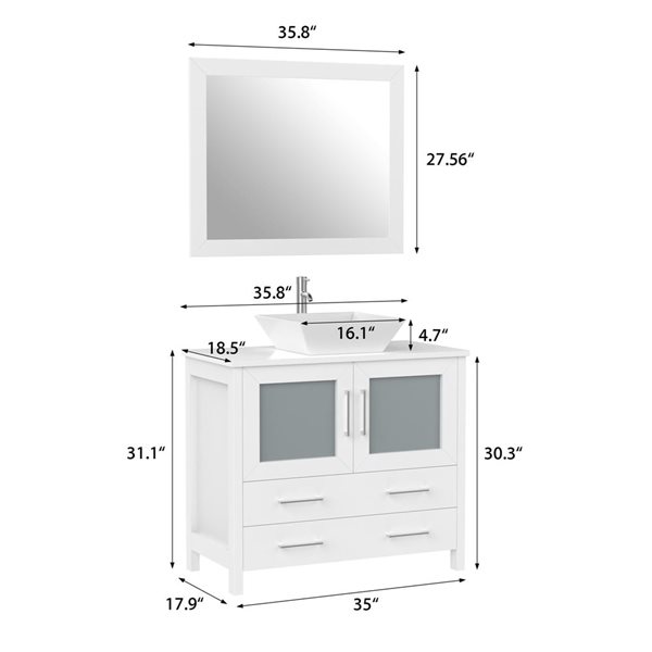 Vanity Art 24-in W Single Vessel Ceramic Sink Bathroom Vanity w/ Engineered Marble Top and Mirror - White