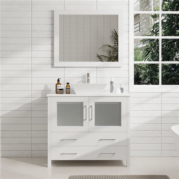 Vanity Art 24-in W Single Vessel Ceramic Sink Bathroom Vanity w/ Engineered Marble Top and Mirror - White