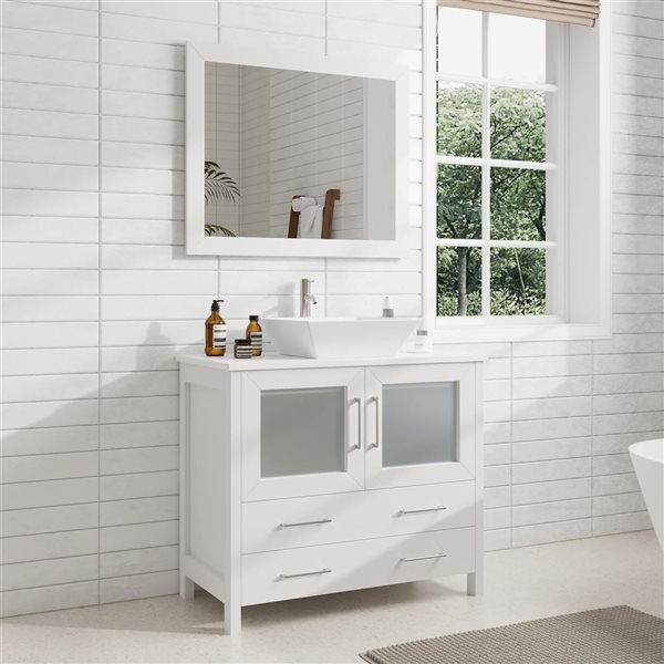 Vanity Art 24-in W Single Vessel Ceramic Sink Bathroom Vanity w/ Engineered Marble Top and Mirror - White