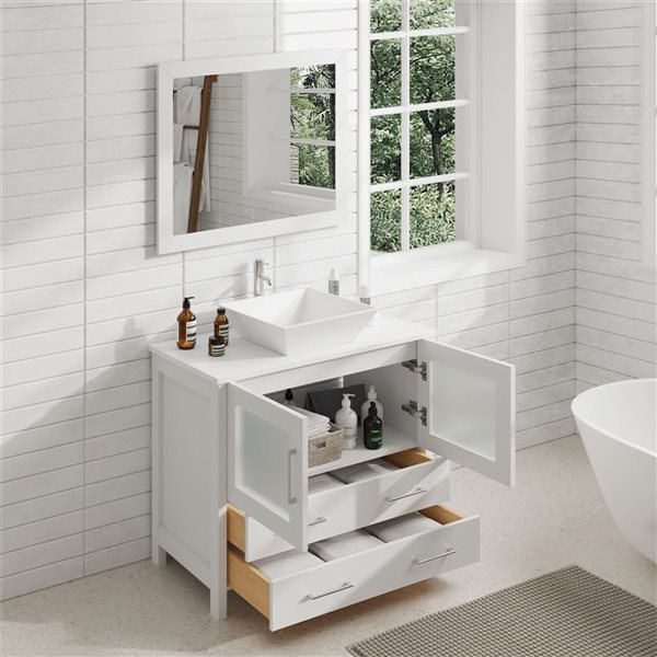 Vanity Art 24-in W Single Vessel Ceramic Sink Bathroom Vanity w/ Engineered Marble Top and Mirror - White