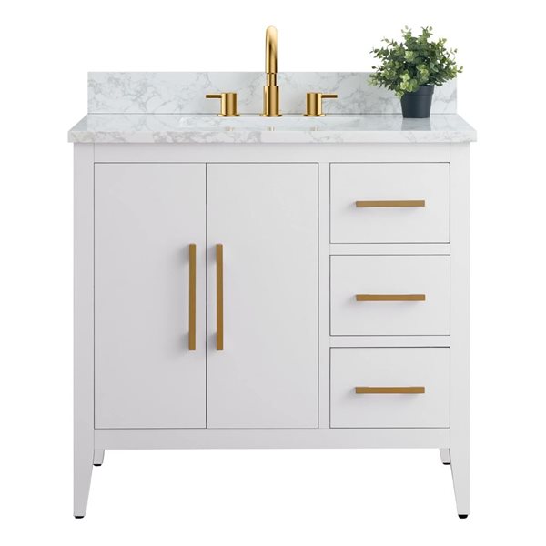 36-In W Single Sink Bathroom Vanity W/ Engineered Marble Top And Brushed Gold Handle - White, White/Red/Gold