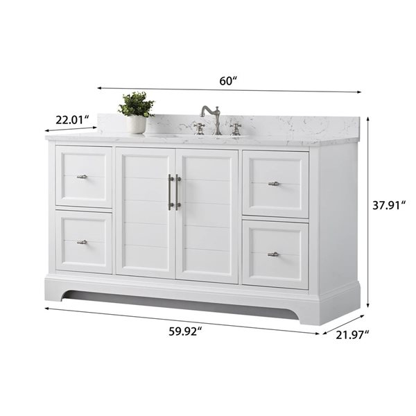Vanity Art 60 W x 22 D x 34-in H Single Sink Bathroom Vanity w/ Engineered Marble Top - White