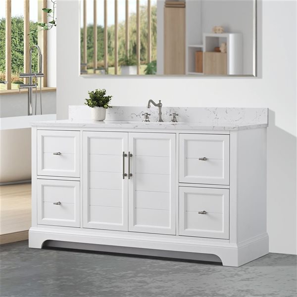 Vanity Art 60 W x 22 D x 34-in H Single Sink Bathroom Vanity w/ Engineered Marble Top - White