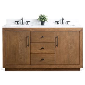 Meuble-lavabo double Vanity Art 60 l. x 22 p. x 34 po h. avec dessus en marbre synthétique, brun/blanc
