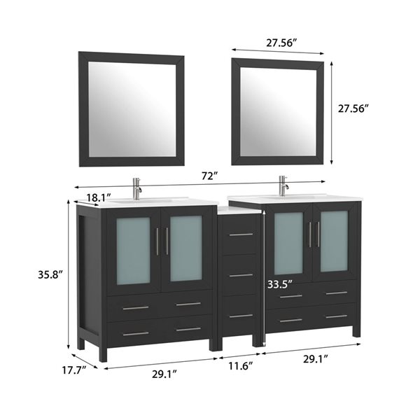 Vanity Art 72-in W Double Sink Bathroom Vanity w/ Ceramic Top and Mirrors - Black/White