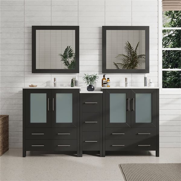 Vanity Art 72-in W Double Sink Bathroom Vanity w/ Ceramic Top and Mirrors - Black/White