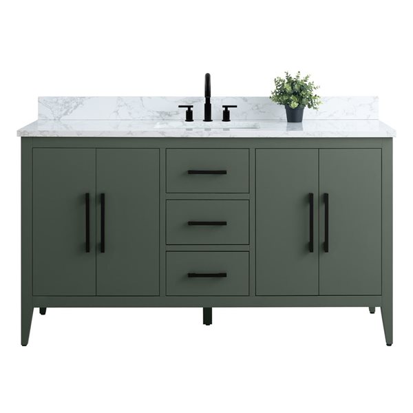 60-In W Single Sink Bathroom Vanity W/ Engineered Marble Top And Matte Black Handle - Vintage Green, Green/Black/Red