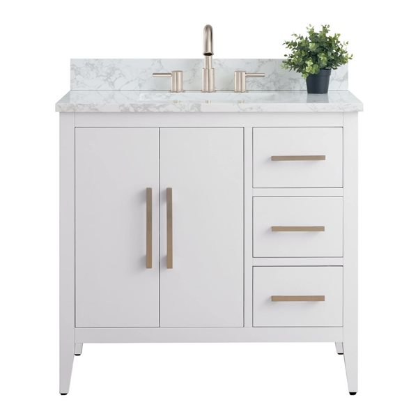 36-In W Single Sink Bathroom Vanity W/ Engineered Marble Top And Brushed Nickel Handle - White, White/Red, Marble/Nickel