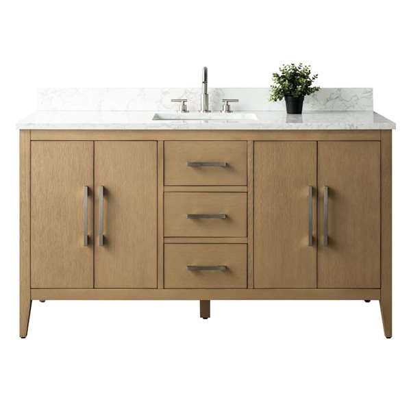 60-In W Single Bathroom Vanity W/ Engineered Marble Top And Brushed Nickel Handle - Natural Oak, Marble/Nickel
