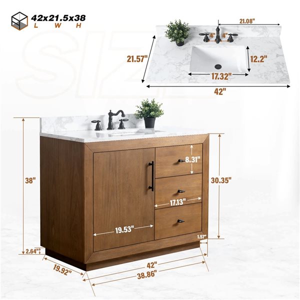 Vanity Art 42 W x 22 D x 34-in H Single Sink Bathroom Vanity w/ Engineered Marble Top - Tan/White