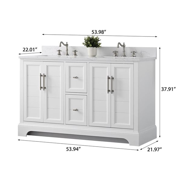 Vanity Art 54 W x 22 D x 34-in H Double Sink Bathroom Vanity w/ Engineered Marble Top - White