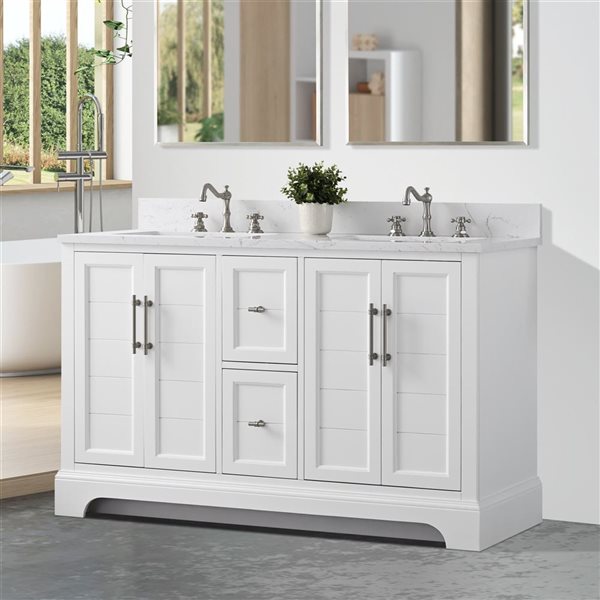 Vanity Art 54 W x 22 D x 34-in H Double Sink Bathroom Vanity w/ Engineered Marble Top - White