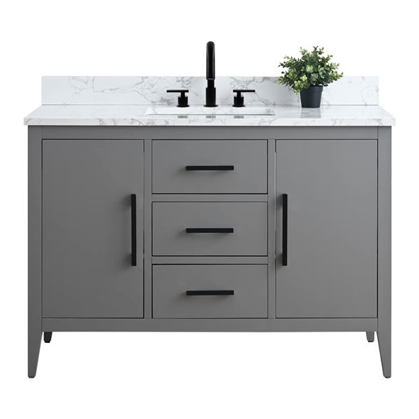 48-In W Single Sink Bathroom Vanity W/ Engineered Marble Top And Matte Black Handle - Grey, Black/Grey/Red