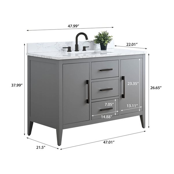 Vanity Art 48-in W Single Sink Bathroom Vanity w/ Engineered Marble Top and Matte Black Handle - Grey