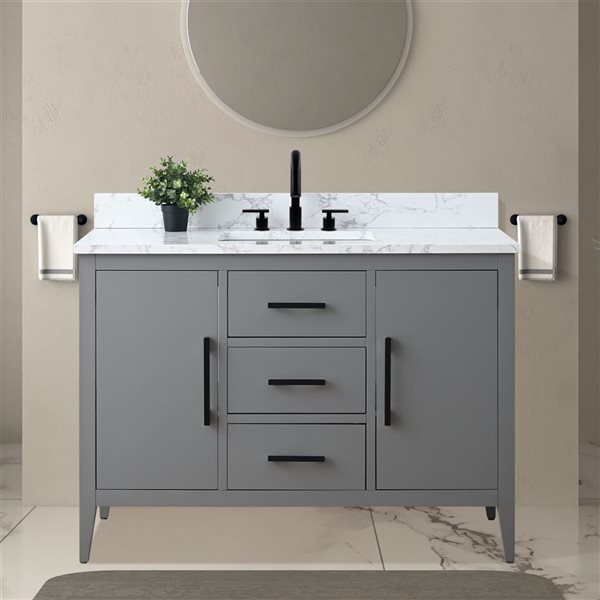 Vanity Art 48-in W Single Sink Bathroom Vanity w/ Engineered Marble Top and Matte Black Handle - Grey