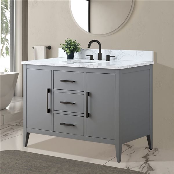 Vanity Art 48-in W Single Sink Bathroom Vanity w/ Engineered Marble Top and Matte Black Handle - Grey