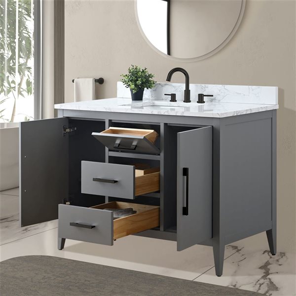 Vanity Art 48-in W Single Sink Bathroom Vanity w/ Engineered Marble Top and Matte Black Handle - Grey