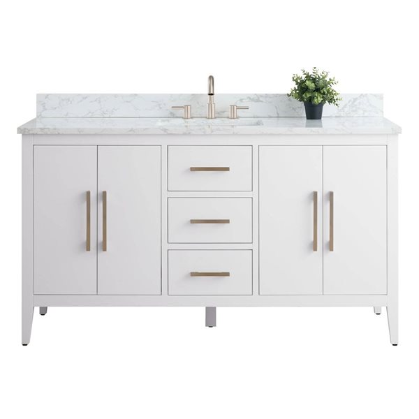 60-In W Single Bathroom Vanity W/ Engineered Marble Top And Brushed Nickel Handle - White, White/Red, Marble/Nickel